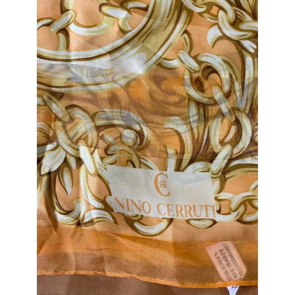 Nino Cerruti Silk Scarf Yellow Gold Baroque Chain Houndstooth Square Wrap Italy